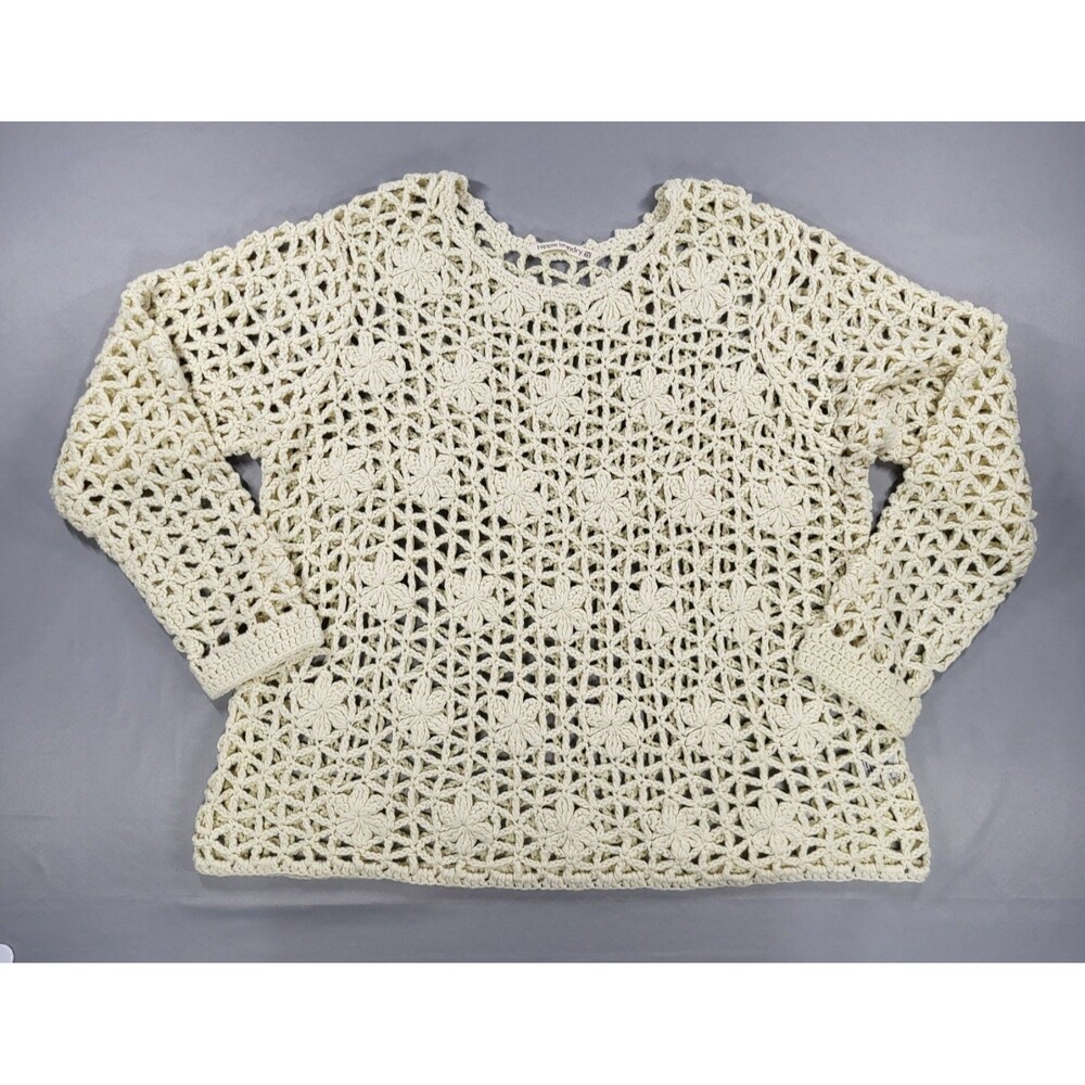 Hippie Laundry Cream Crochet Flower Open Knit Sweater Size 2XL ,  Boho Bohemian
